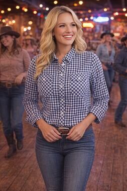Bit & Bridle Blue Gingham Button Up Shirt Women L